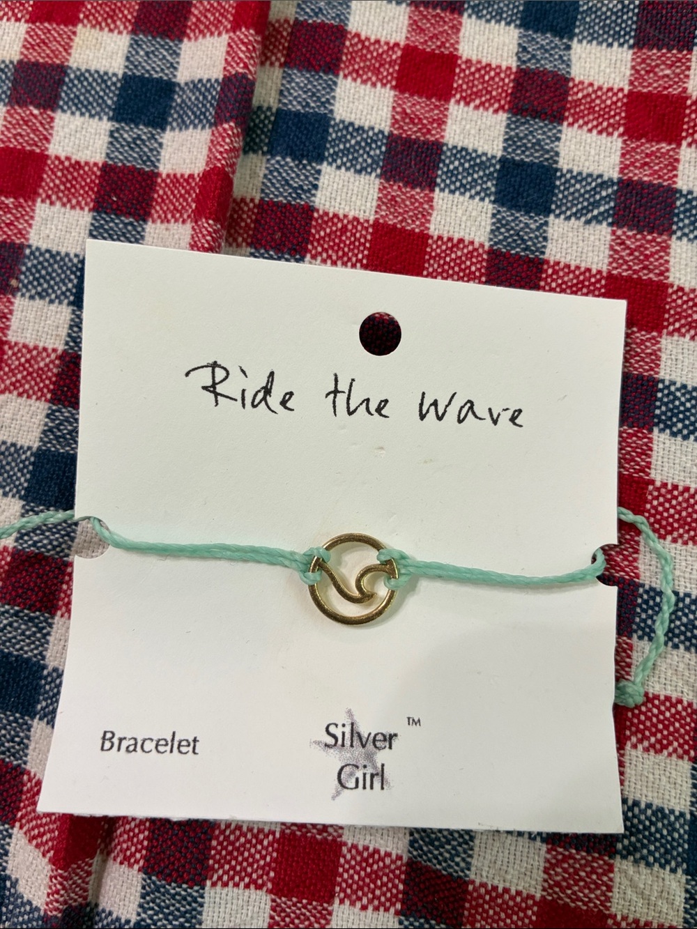 Silver Girl Mint Green Cord Bracelet with Gold Wave Charm